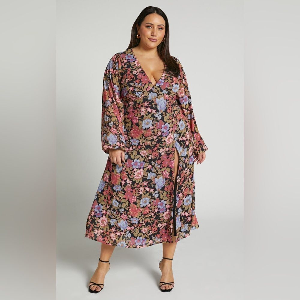 NWT Showpo Henny Midi Long Sleeve Split Dress in Dusk Floral Size 14